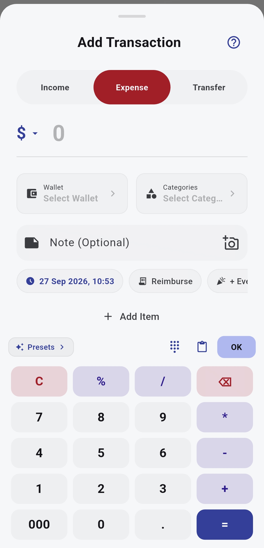 DOCU transaction logging screen with custom categories