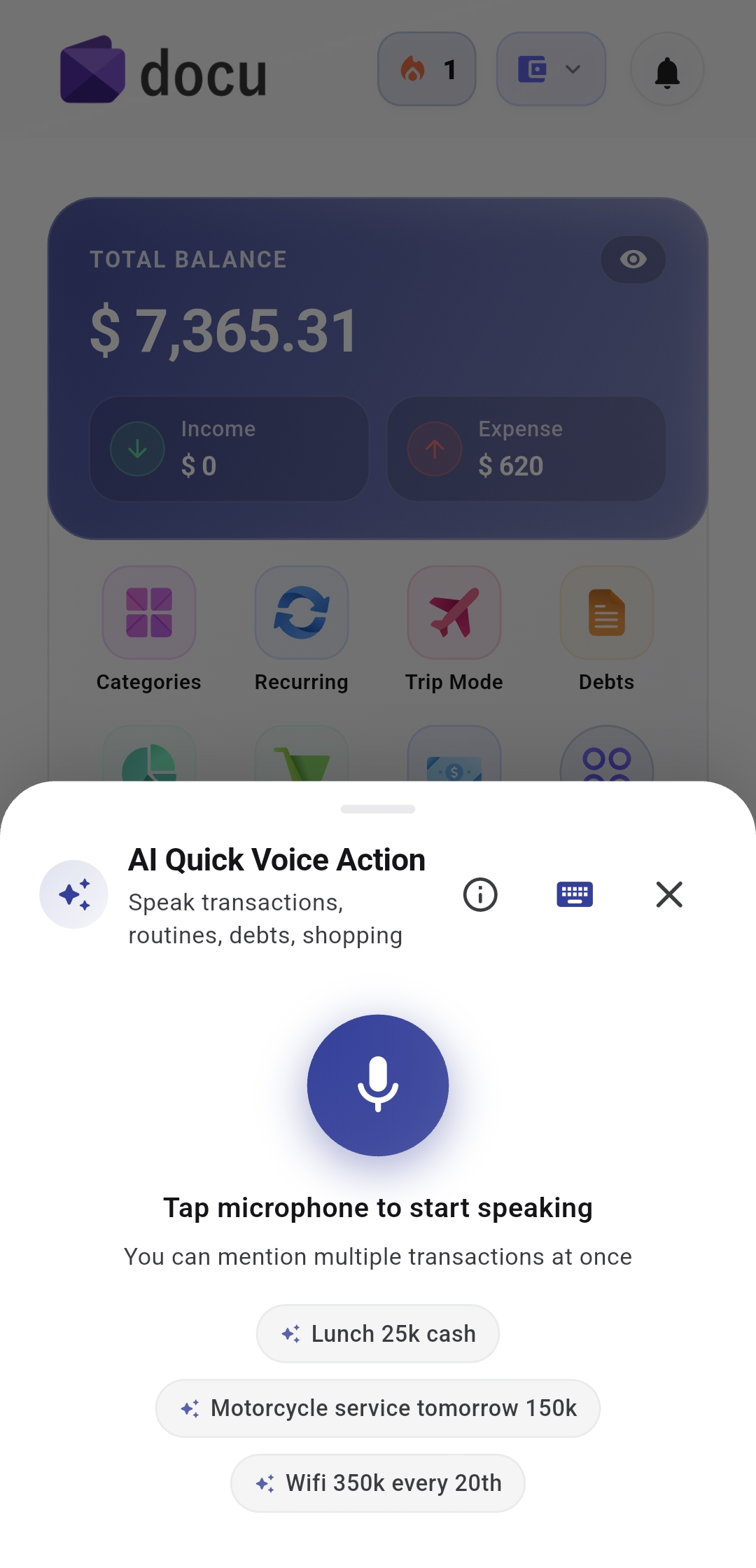 DOCU AI voice recognition and instant quick action logging