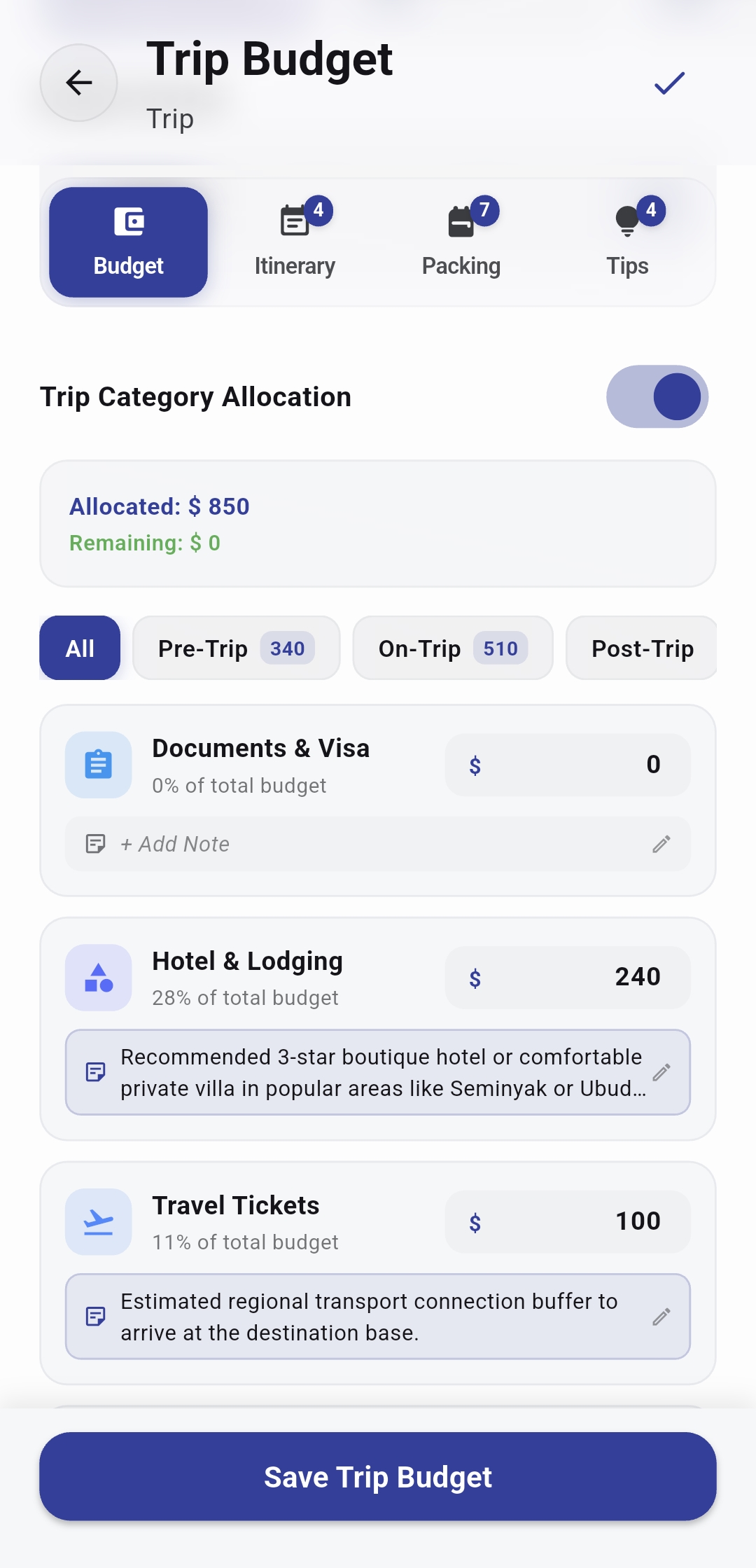 DOCU AI trip budgeting and vacation expense assistant