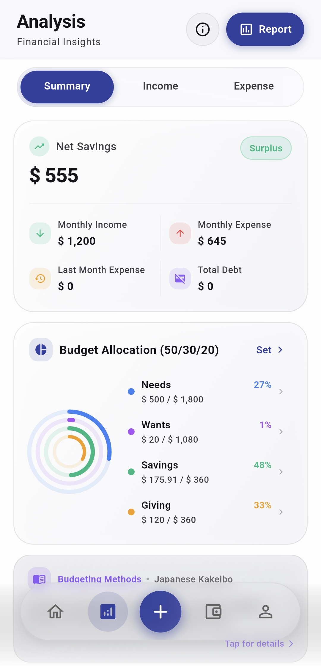 DOCU cashflow analytics with categorized distribution charts