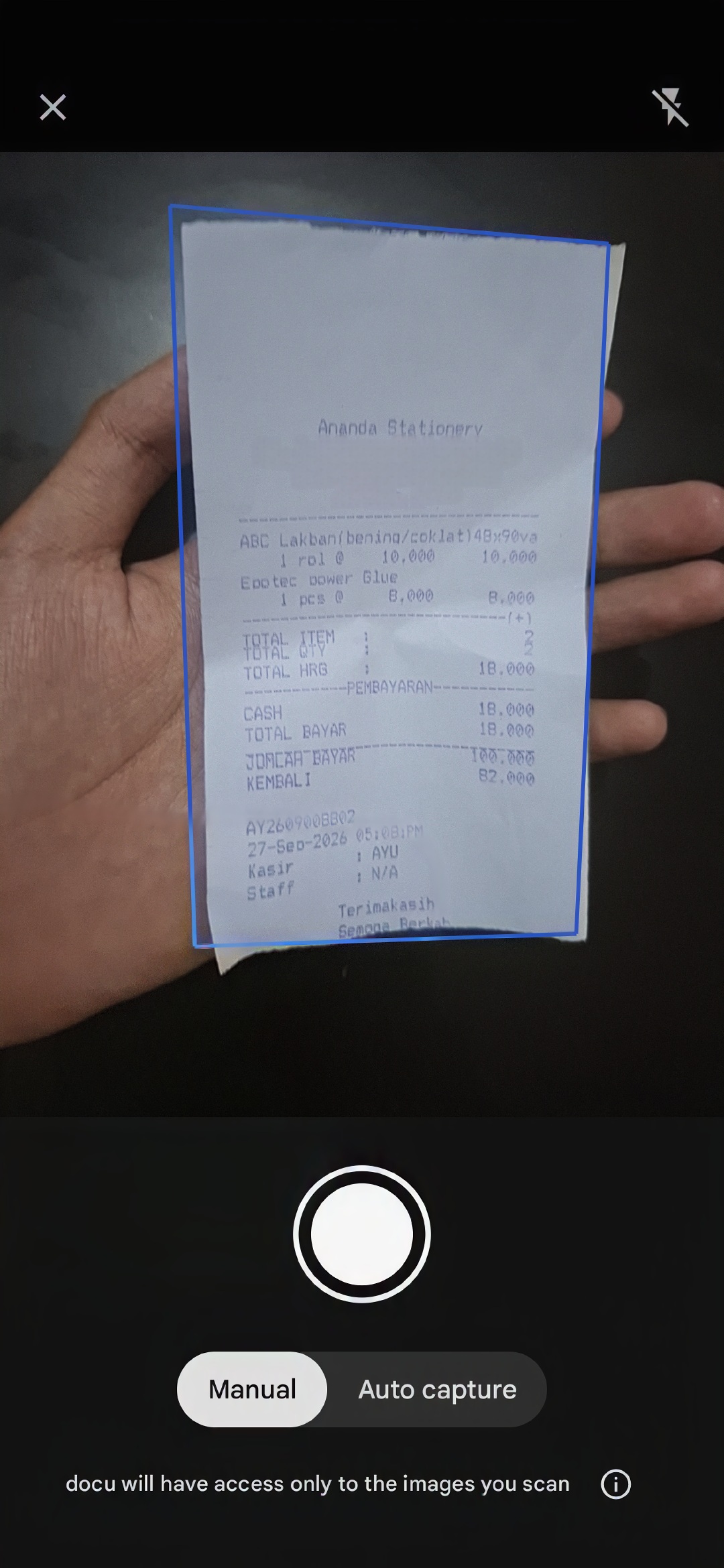 DOCU on-device receipt scanner recognizing line items